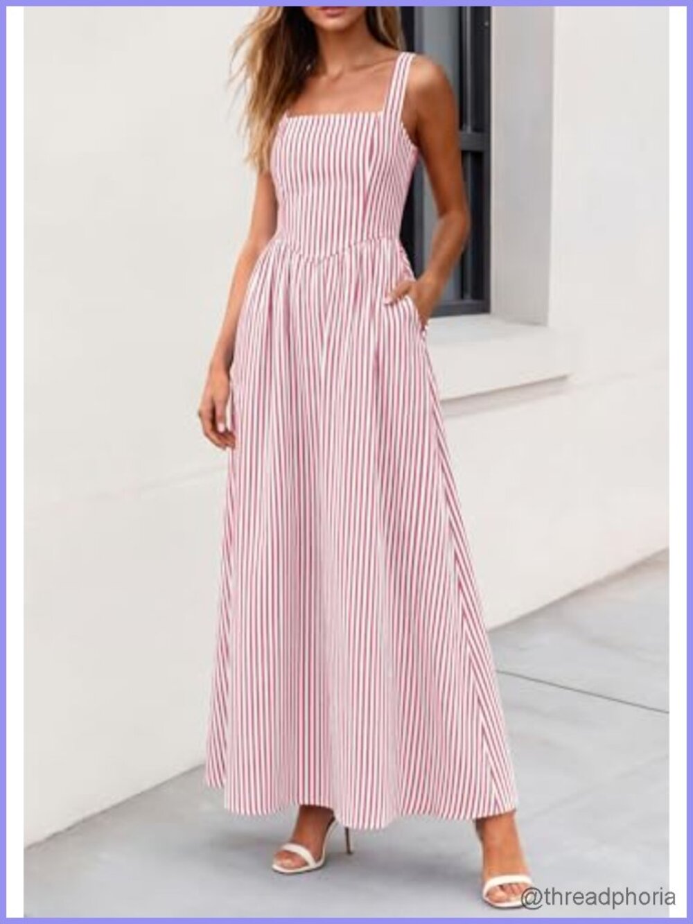 Women's Striped Maxi Dress Square Neck A-Line Summer Sundress - Picture 4 of 6